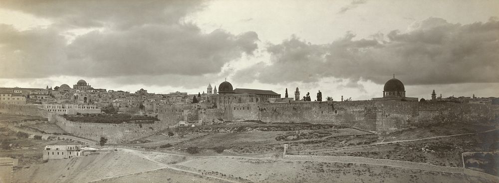 View of Jerusalem from southeast, showing city walls, the Dome of the Rock, and al-Aqsa mosque.