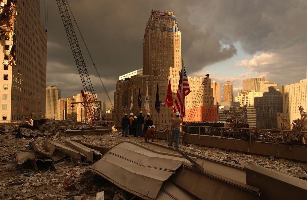 New York, NY, September 28, 2001 -- Debris on surrounding roofs at the site of the World Trade Center. Photo by Andrea…