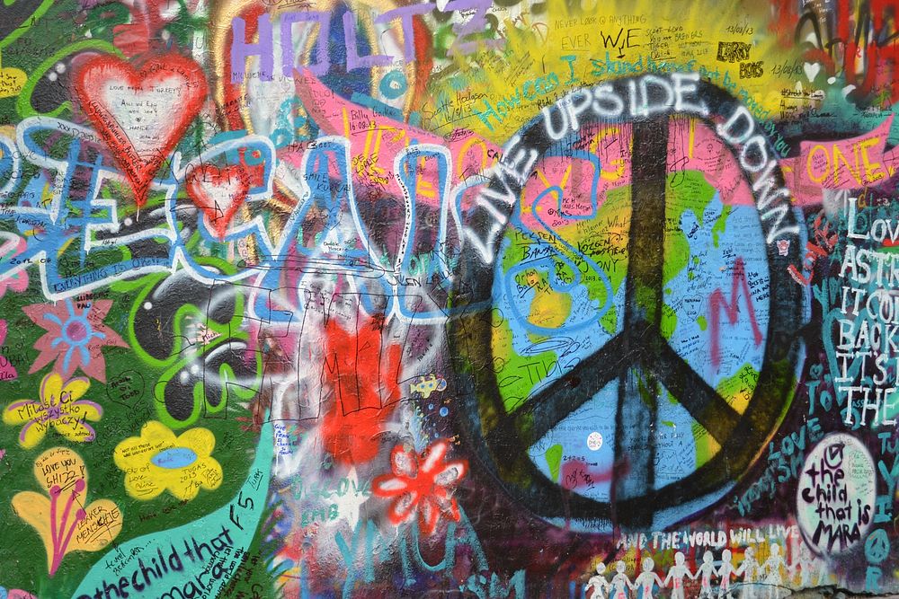 Colorful wall graffiti, world peace. View public domain image source here