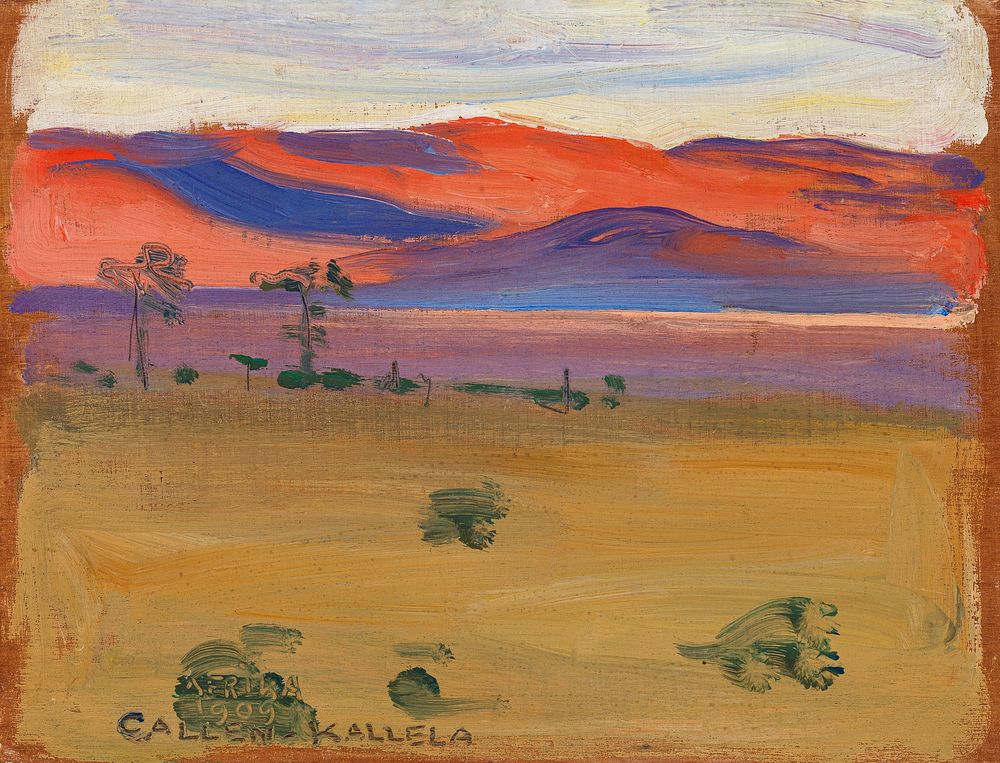 Sunset on the savannah, oil painting. Original public domain image by Akseli Gallen-Kallela from Finnish National Gallery.…
