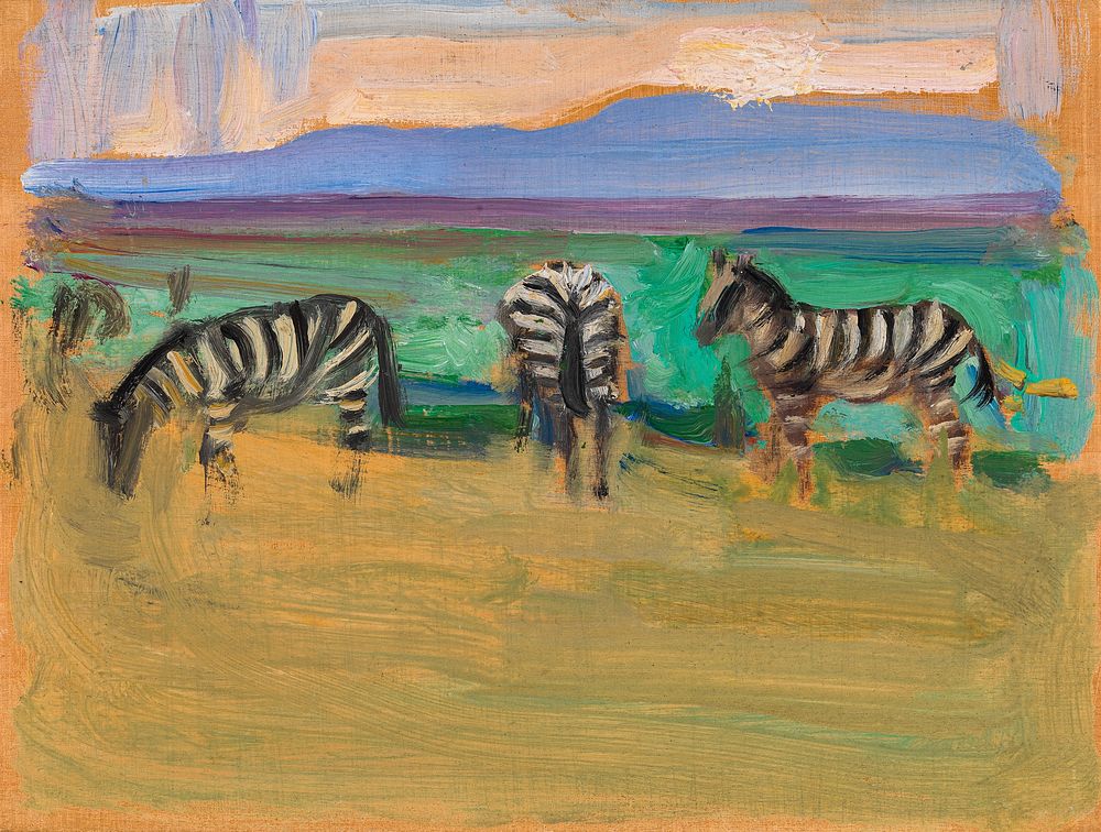 Zebras, oil painting. Original public domain image by Akseli Gallen-Kallela from Finnish National Gallery. Digitally…
