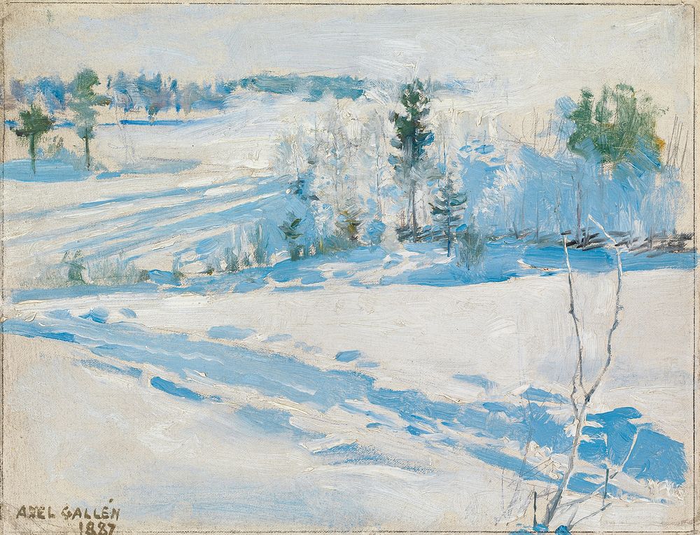 Winter landscape, oil painting. Original public domain image by Akseli Gallen-Kallela from Finnish National Gallery.…