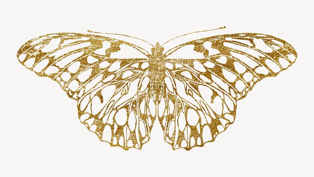 Gold glittery butterfly, aesthetic insect illustration.  Inspired by E.A. Séguy's style.