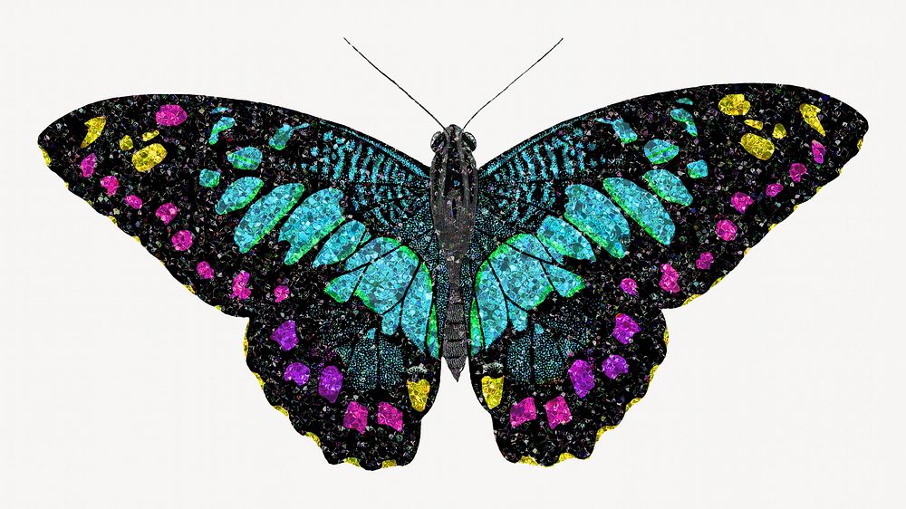 Dark glittery butterfly, aesthetic illustration. Inspired by E.A. Séguy's style.