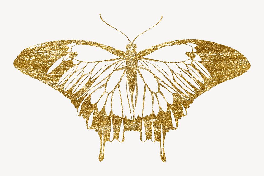 Gold glittery butterfly, aesthetic insect illustration.  Inspired by E.A. S&eacute;guy's style.