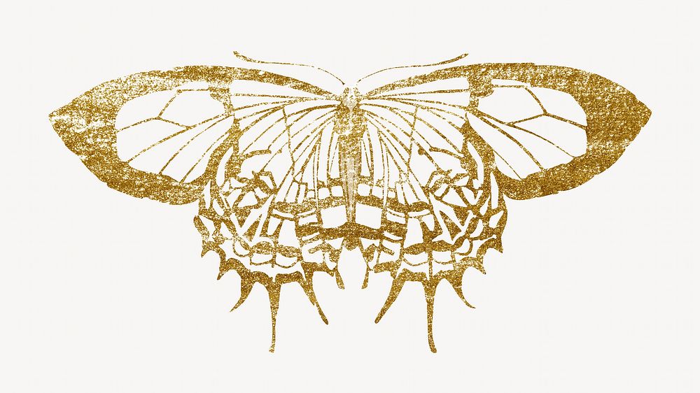 Gold glittery butterfly, aesthetic insect illustration.  Inspired by E.A. Séguy's style.