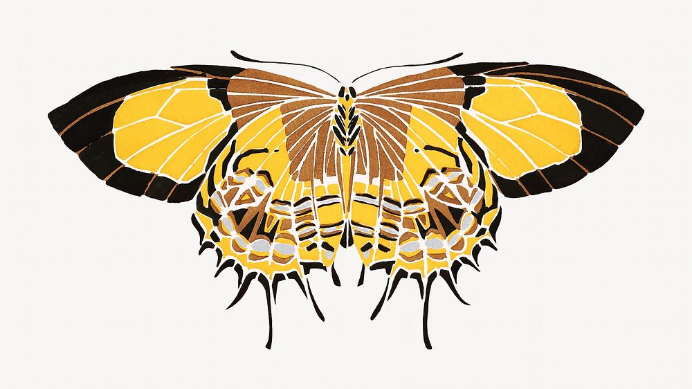Yellow exotic butterfly, insect illustration. Original public domain image by E.A. S&eacute;guy from Biodiversity Heritage…