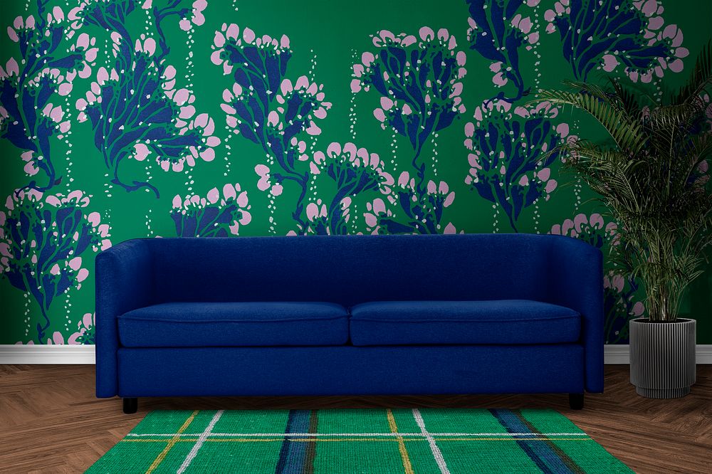 Modern living room with vintage flower patterned wallpaper, interior design
