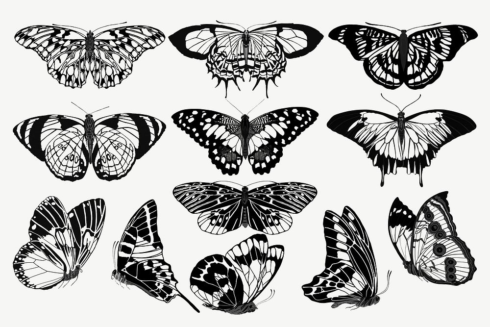 Vintage butterfly, black and white collage element set psd. Remixed from the artwork of E.A. S&eacute;guy.