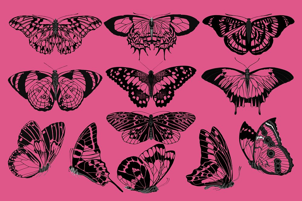 Vintage butterfly, black and white collage element set psd. Remixed from the artwork of E.A. Séguy.