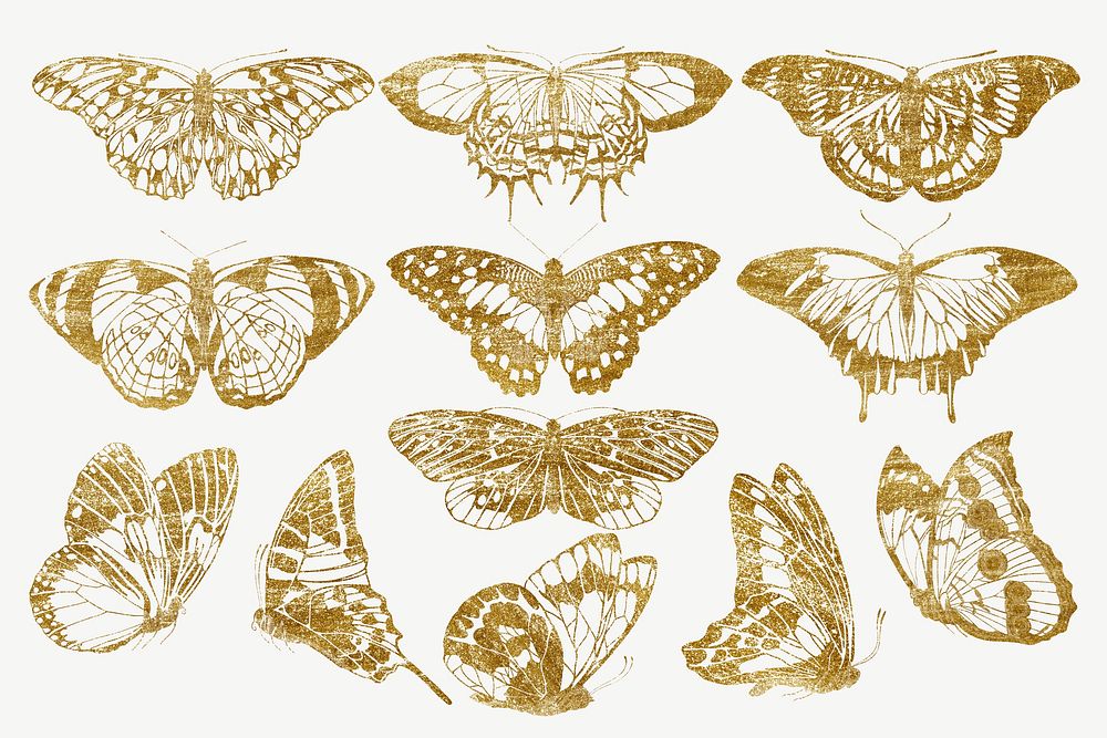 Gold glittery butterfly, aesthetic insect collage element set psd. Remixed from the artwork of E.A. S&eacute;guy.