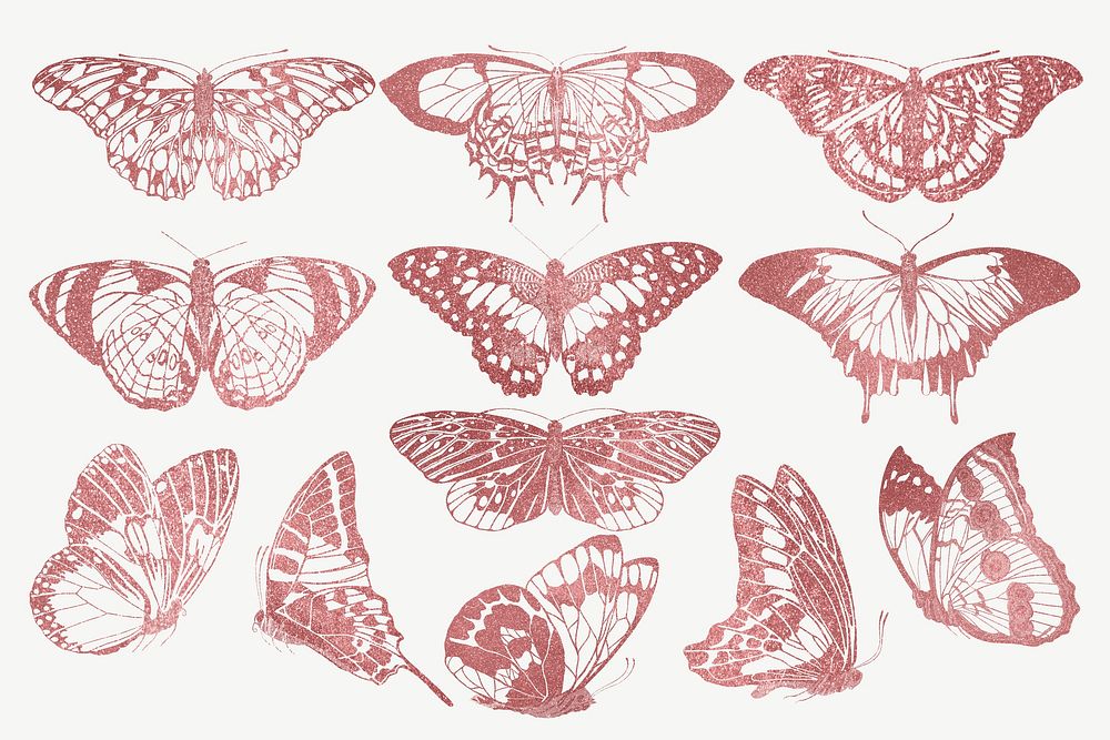 Pink glittery butterfly, aesthetic insect collage element set psd. Remixed from the artwork of E.A. S&eacute;guy.
