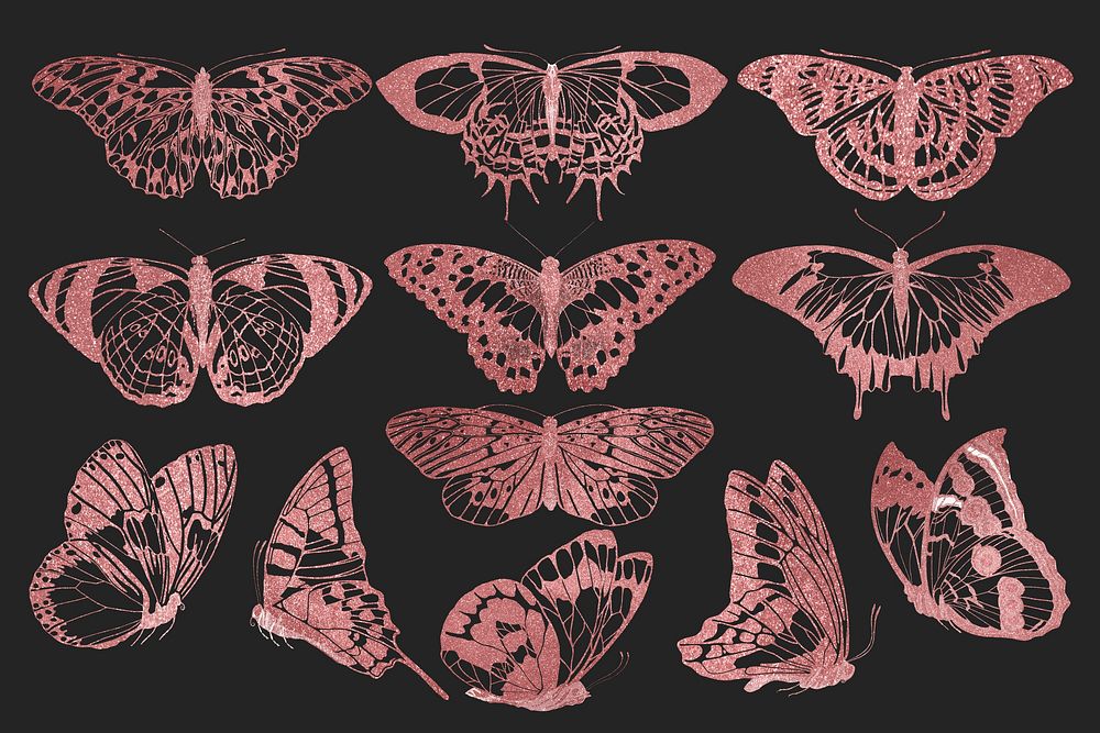 Pink glittery butterfly, aesthetic insect collage element set psd. Remixed from the artwork of E.A. S&eacute;guy.