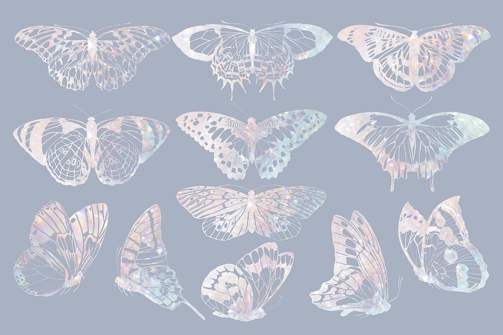 Aesthetic holography butterfly, aesthetic collage element set psd. Remixed from the artwork of E.A. Séguy.