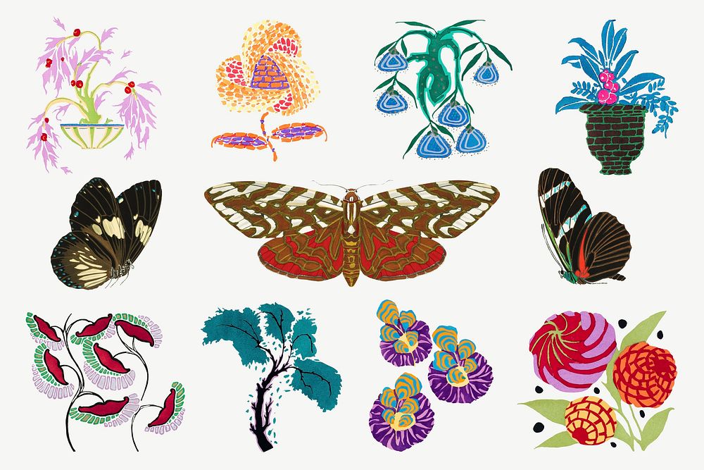 E.A. S&eacute;guy's vintage botanical collage element set psd. Remixed by rawpixel.