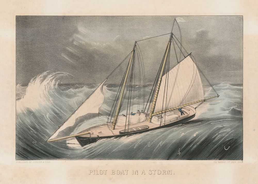 Pilot boat in a storm between 1856 and 1907 by Currier & Ives.
