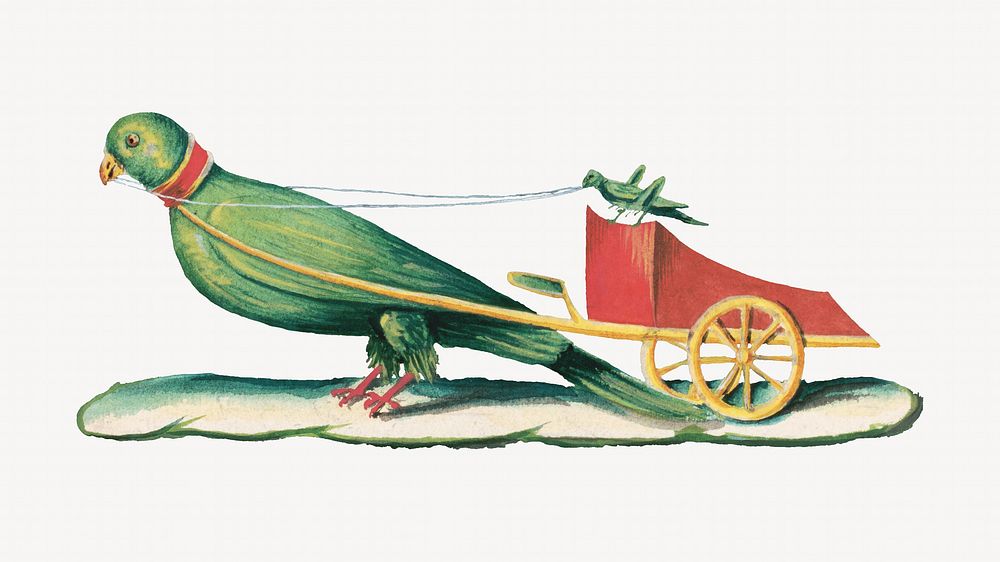 Parrot pulling a chariot, animal illustration.  Remastered by rawpixel