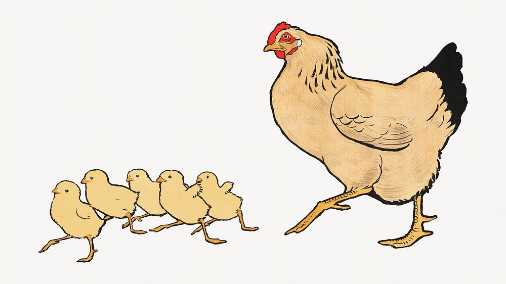 Hen & chickens, farm animal illustration.  Remastered by rawpixel