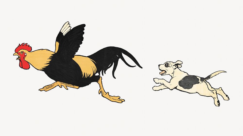 Rooster & Dogs, vintage animal illustration.  Remastered by rawpixel