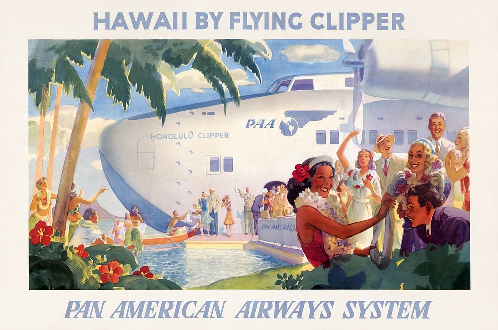 Hawaii by flying clipper--Pan American Airways System (1938) vintage poster. Original public domain image from the Library…