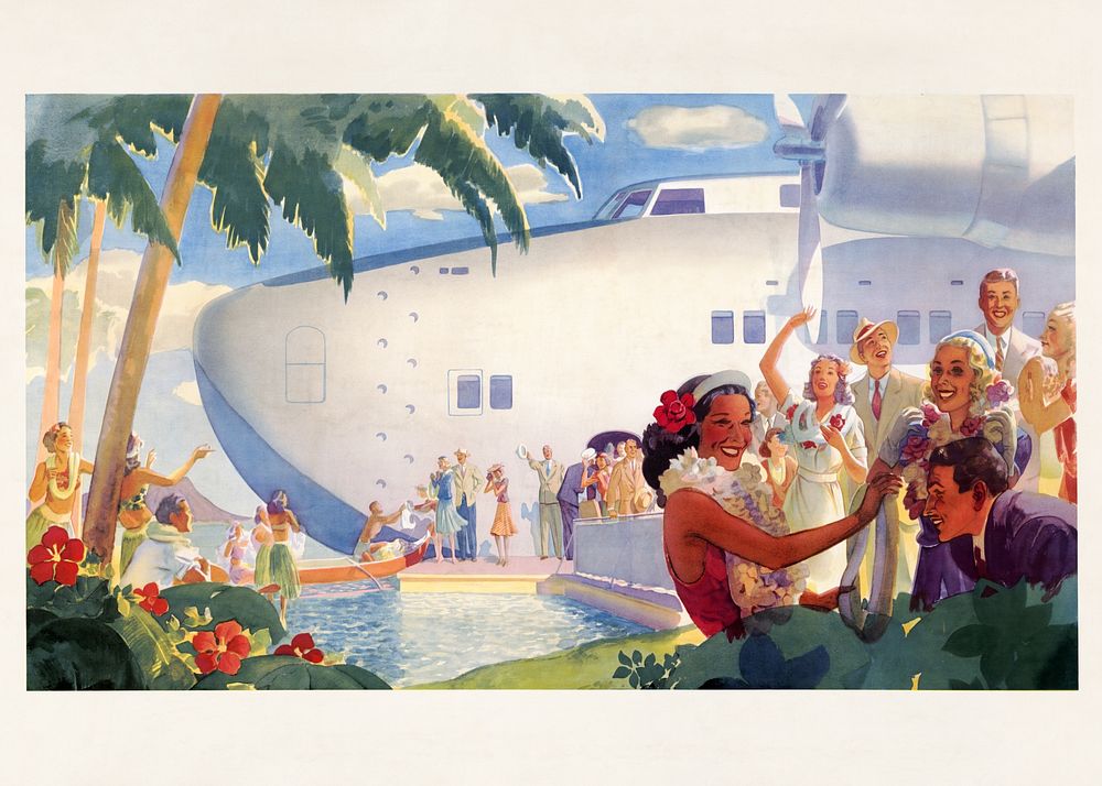Hawaii by flying clipper -Pan American Airways System poster.   Remixed by rawpixel.