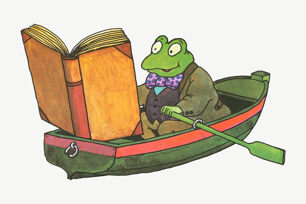Reading frog, paddling on a row boat psd.  Remixed by rawpixel.