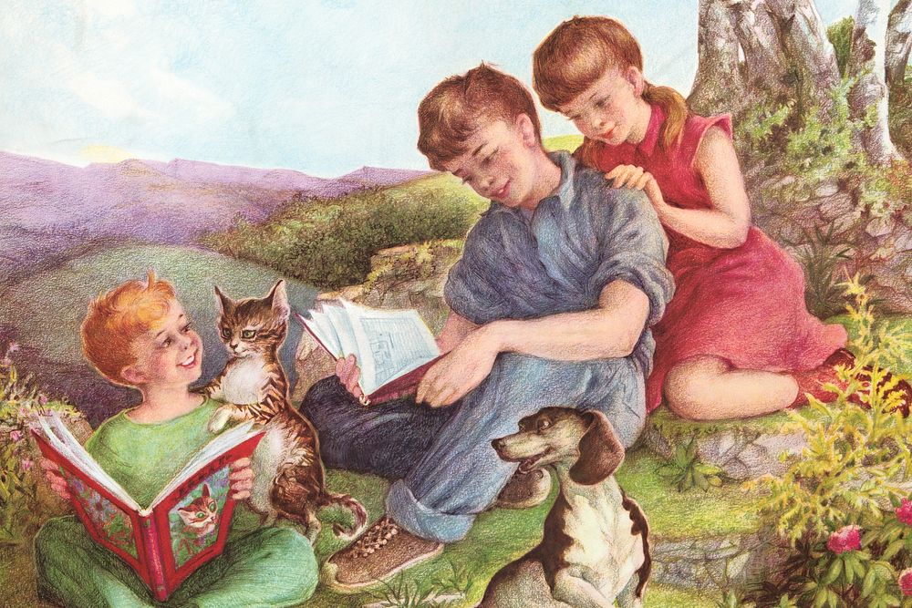Kids reading books background, vintage hobby   Remixed by rawpixel.