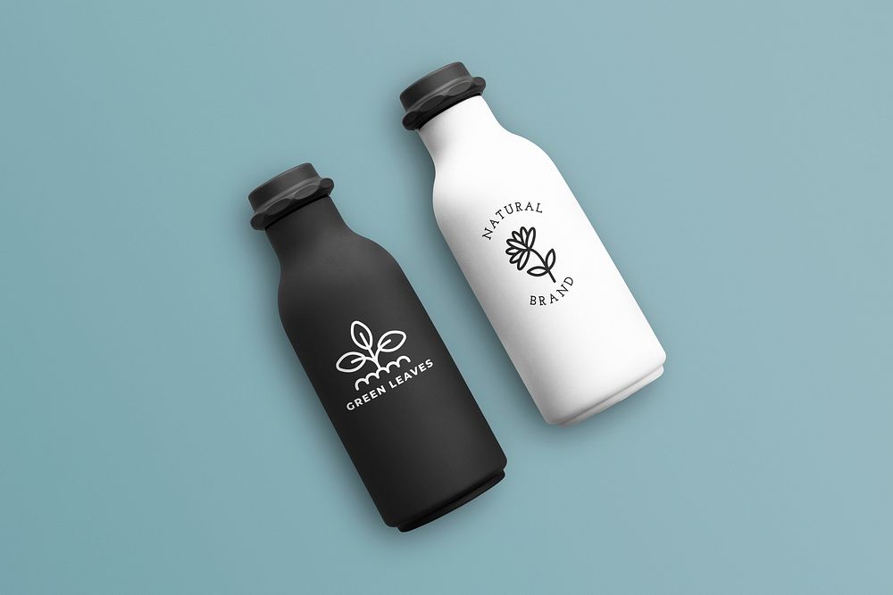Reusable water bottle mockup psd with eco logo flat lay