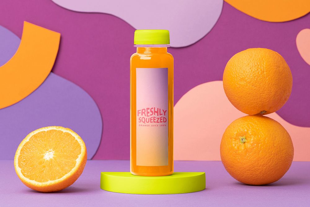 Summer juice bottle mockup, beverage packaging in colorful design psd