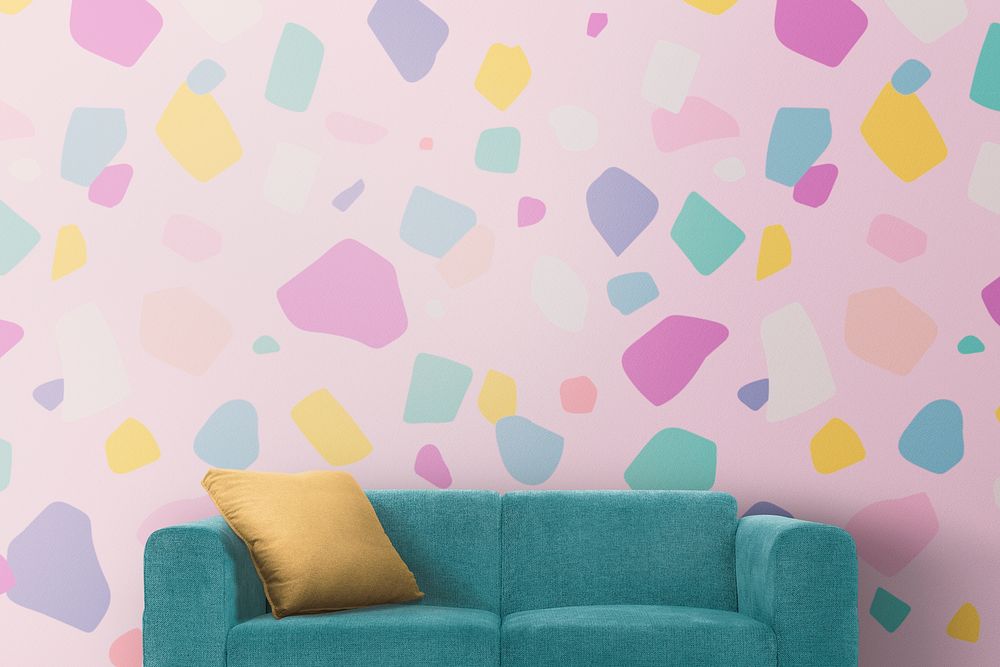 Modern living room interior psd mockup with terrazzo wallpaper