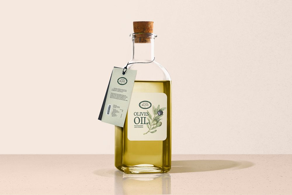 Olive oil label mockup psd, clear glass bottle