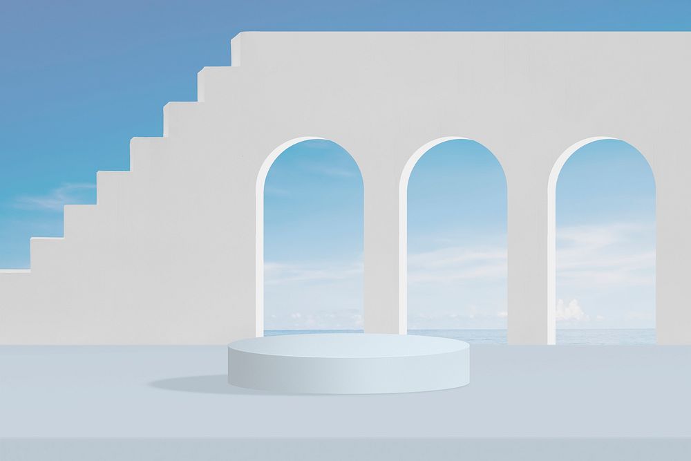 Aesthetic product backdrop mockup psd, blue sky and white staircases
