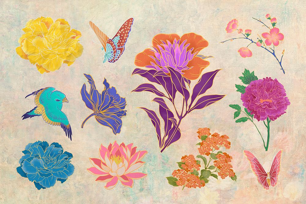 Japanese flowers illustration collage element set psd