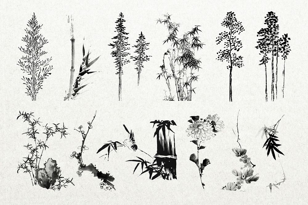 Japanese ink trees illustration sticker set psd