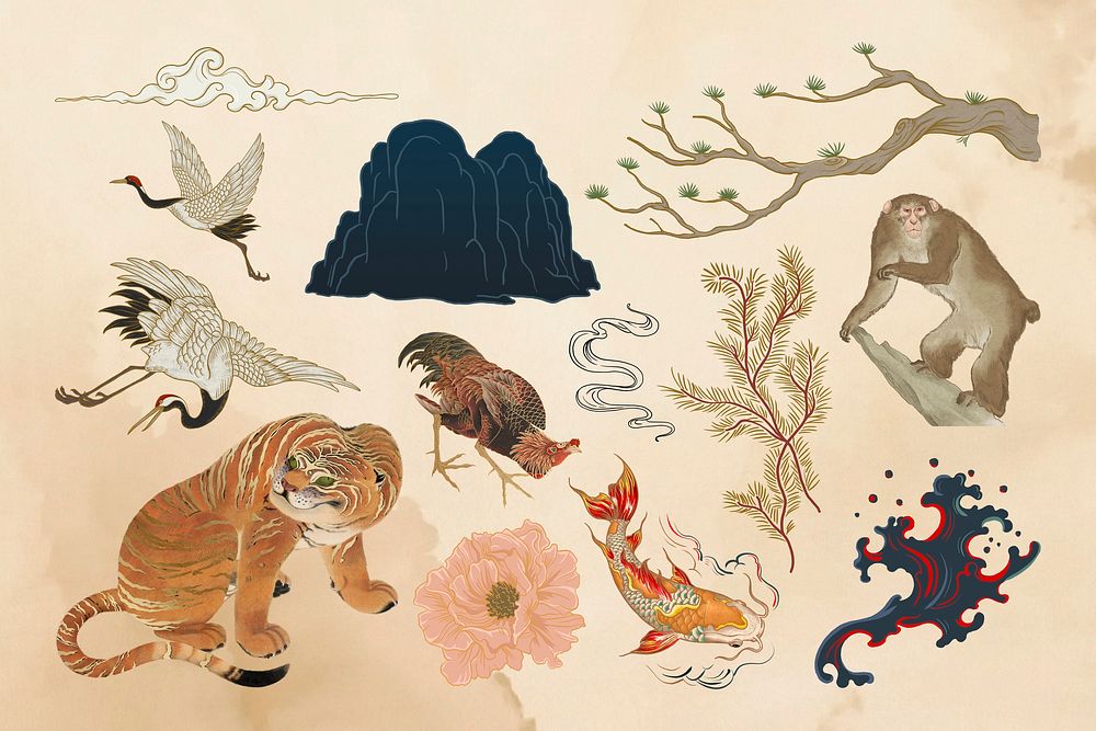 Japanese animals illustration collage element set psd
