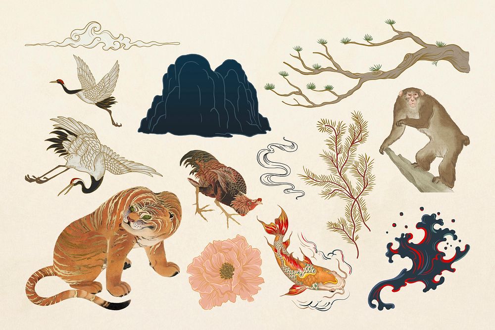 Japanese animals illustration sticker set psd