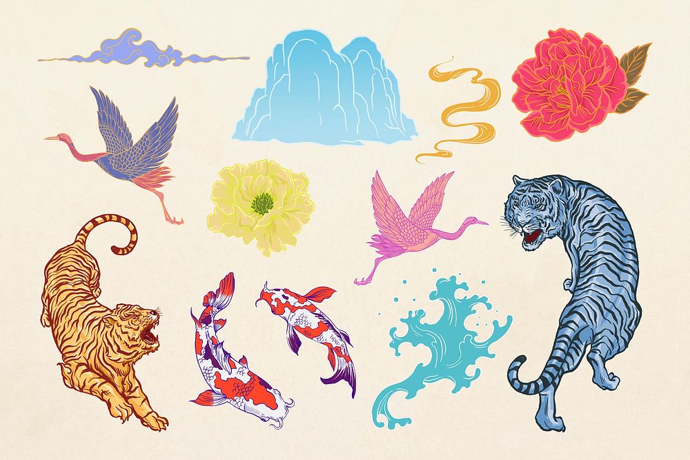 Oriental Japanese animals illustration sticker set psd