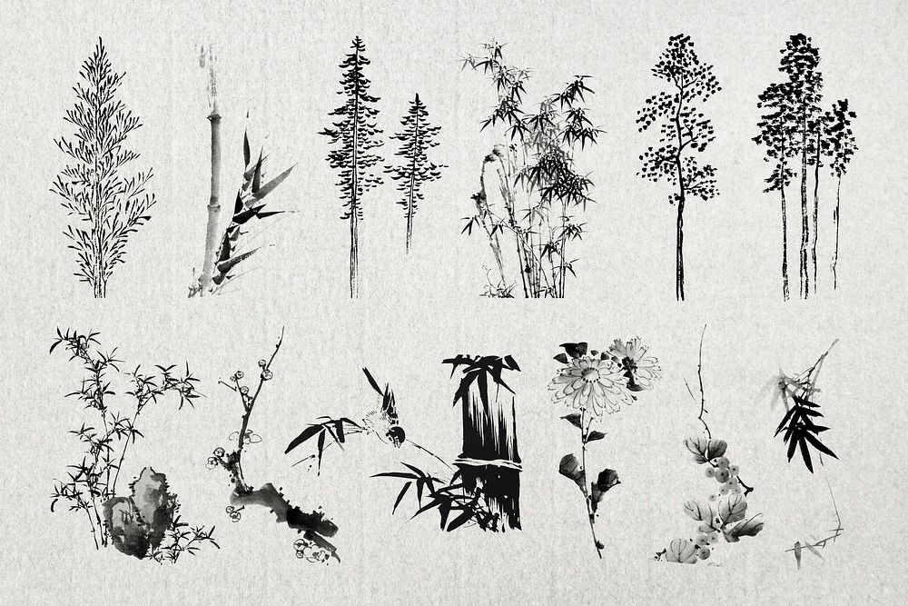 Japanese ink trees illustration collage element set psd