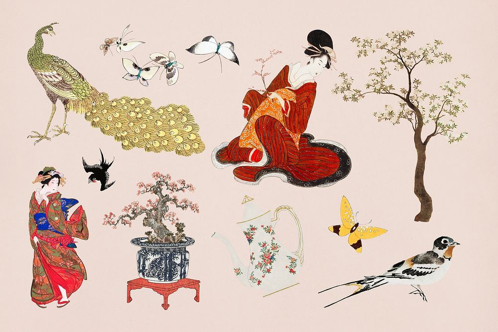 Japanese women illustration collage element set psd