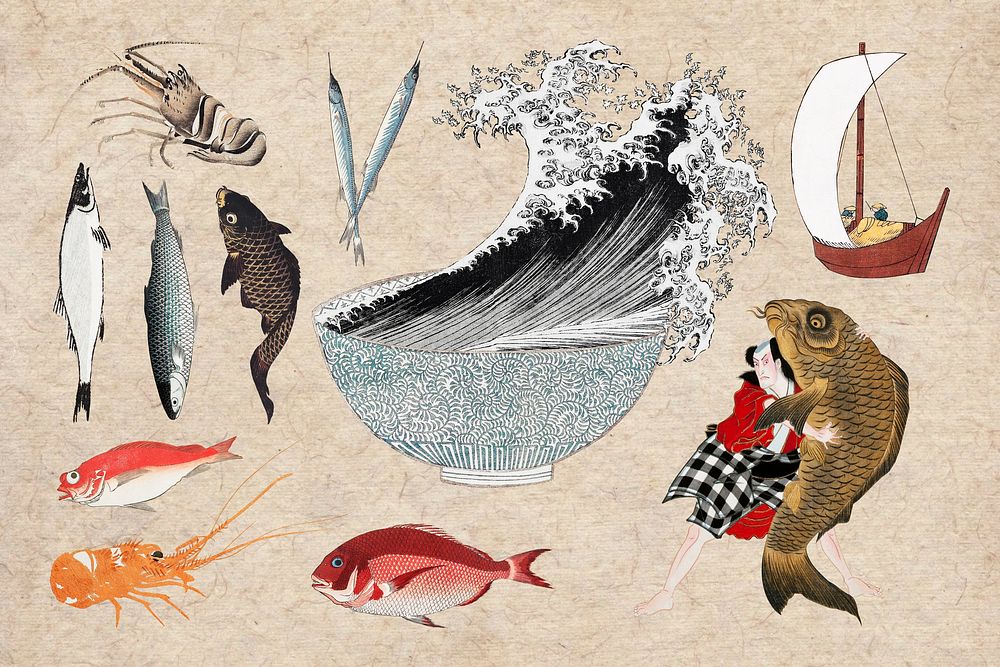 Oriental Japanese seafood illustration collage element set psd