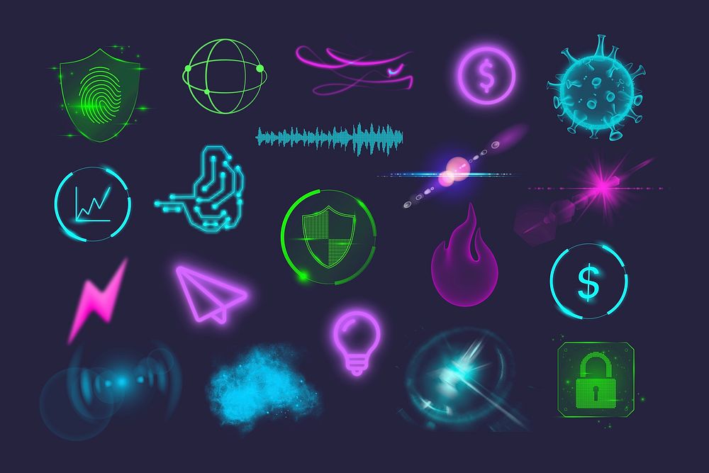 Neon technology illustration collage element set psd