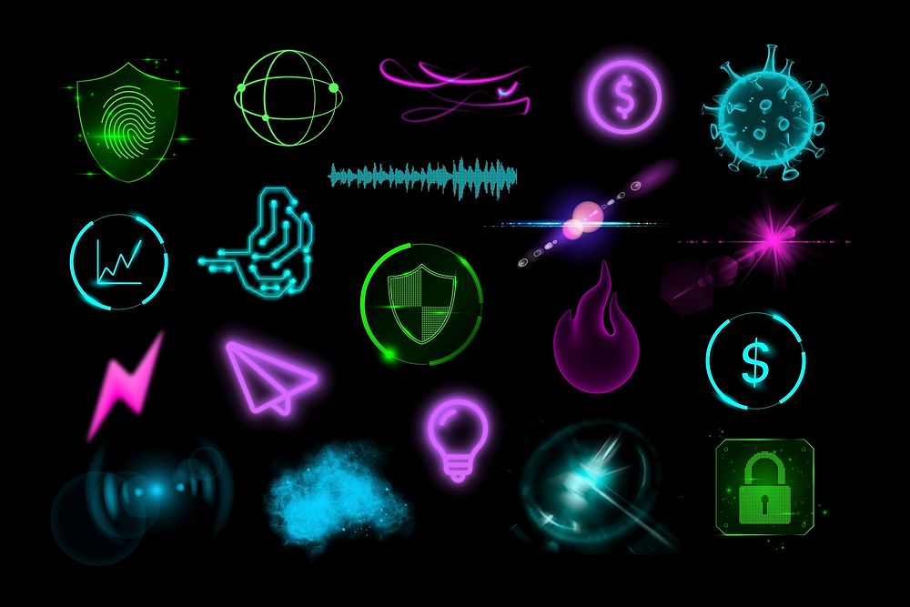 Neon technology illustration sticker set psd