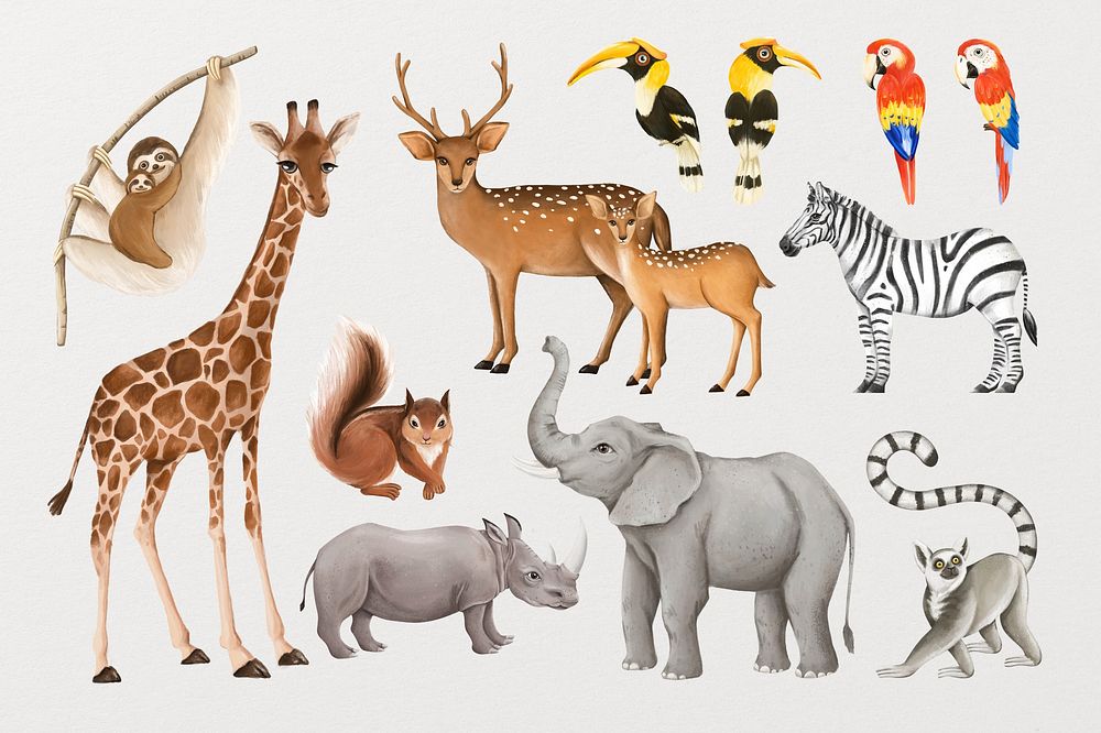 Cute wild animals illustration set