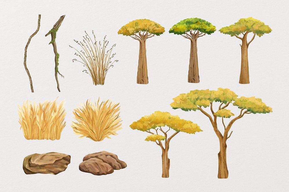 Savanna grassland, tree illustration set