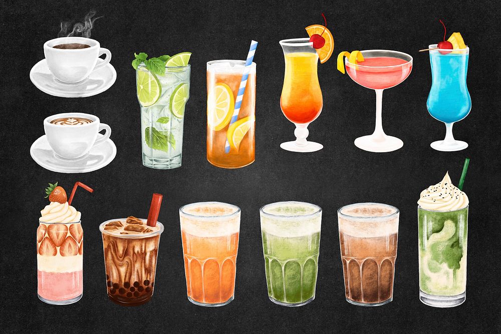 Drinks & beverages illustration collage element set psd