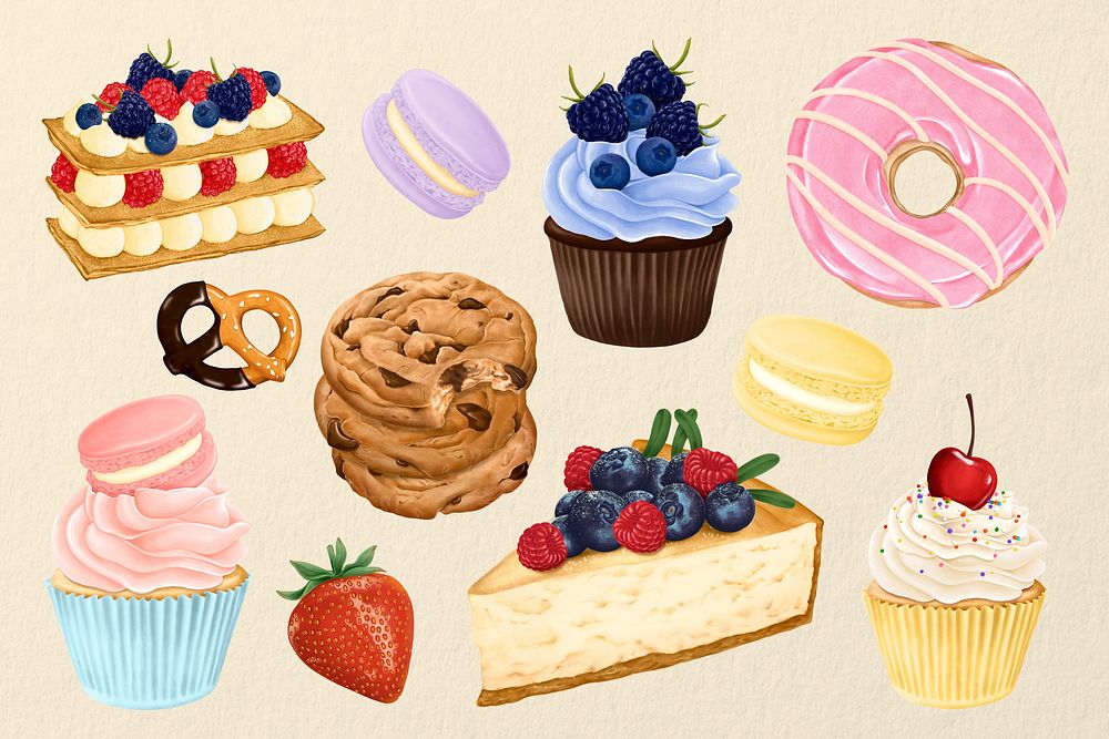 Dessert illustration, cupcake and cakes set