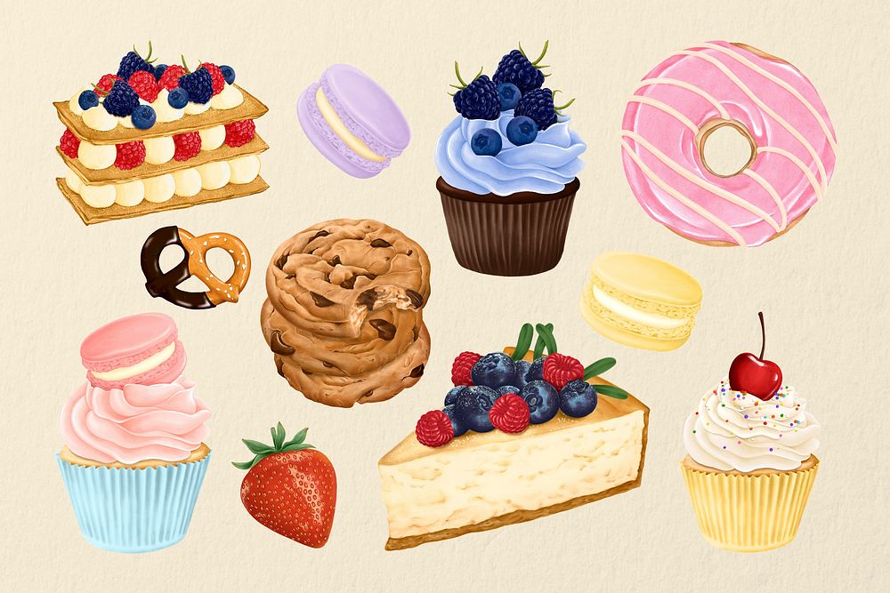 Desserts illustration sticker set psd