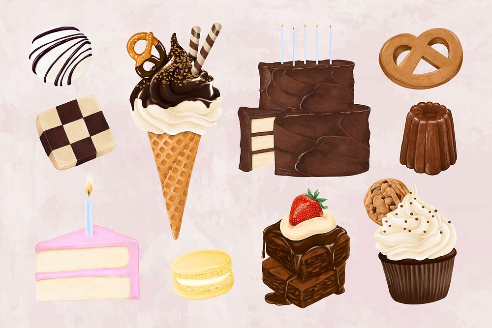 Desserts illustration collage element set psd