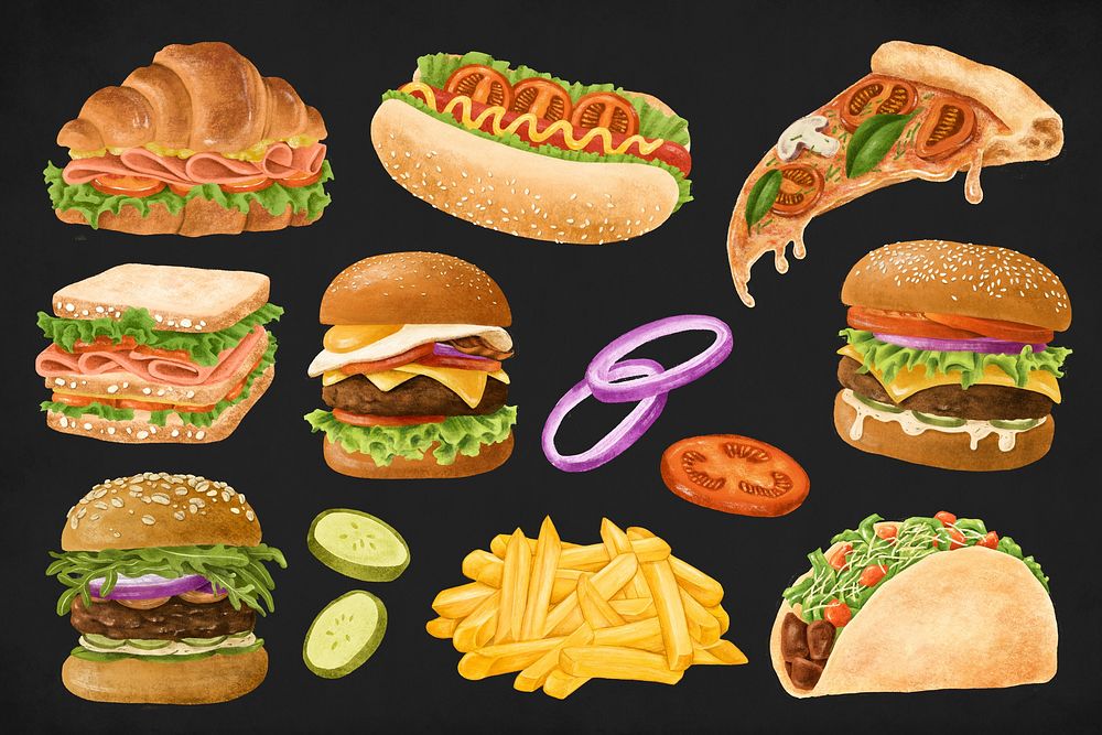 Burger fast food illustration, pizza and sandwich set