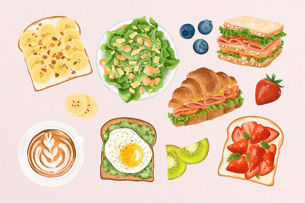 Breakfast illustration collage element set psd